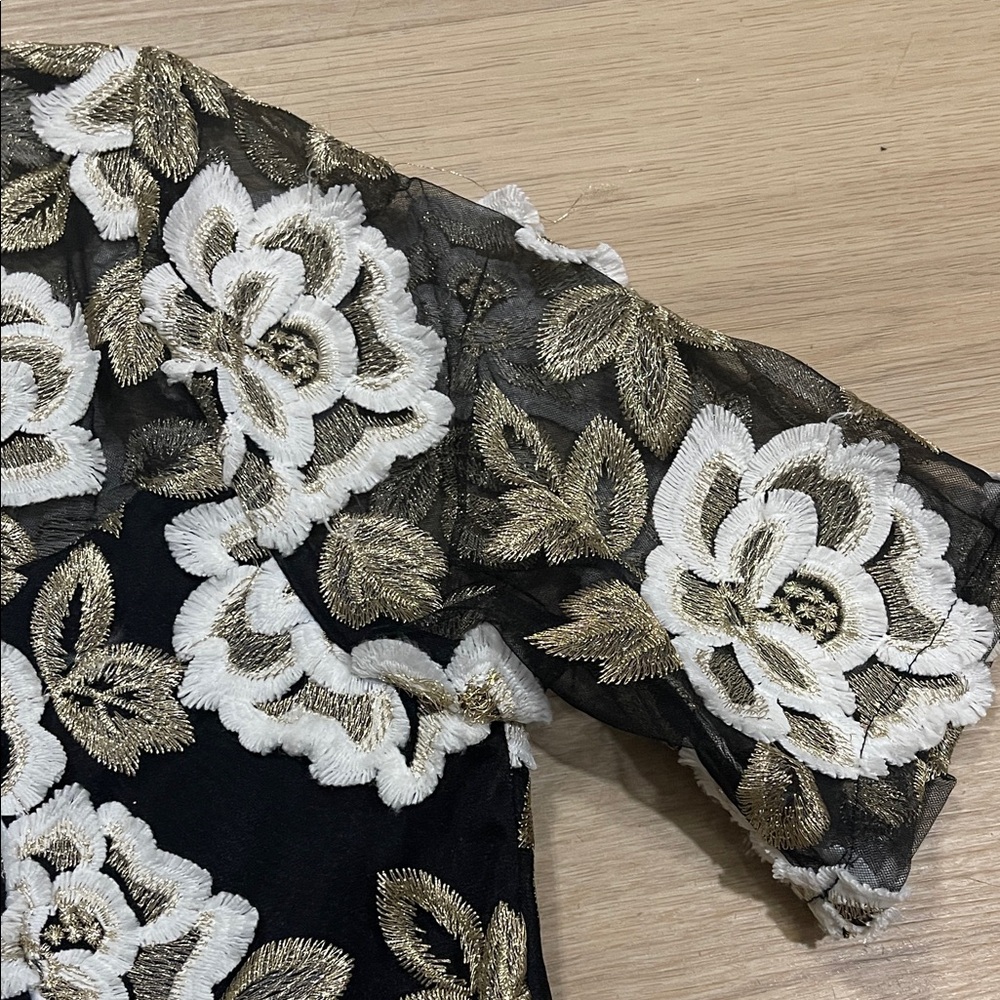 Adrianna Papell Black and White Floral Midi Dress with Gold Details - Picture 9 of 10